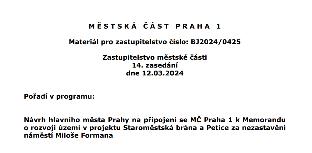 Pozvánka na zastupitelstvo MČ Praha 1 dne 12.3.2024